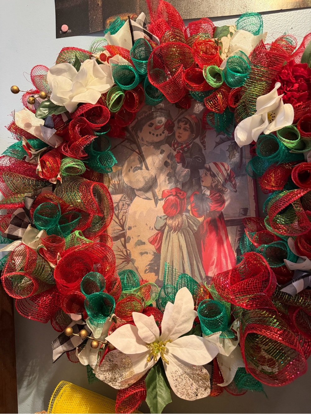 Hand Crafted Red, Green & White Holiday Wreath with Poinsettias